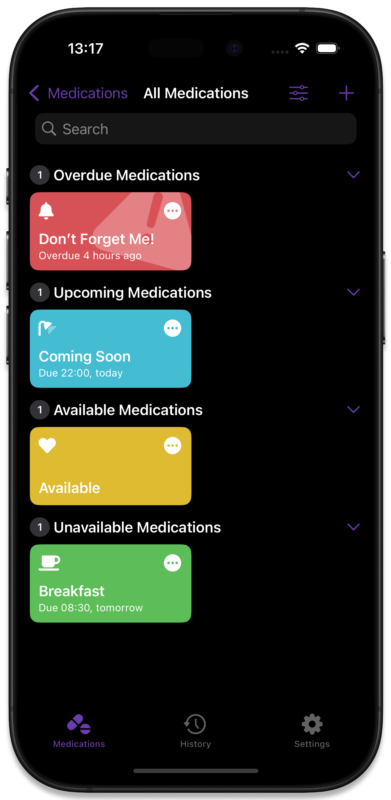 The All Medication View with a medication in each status category