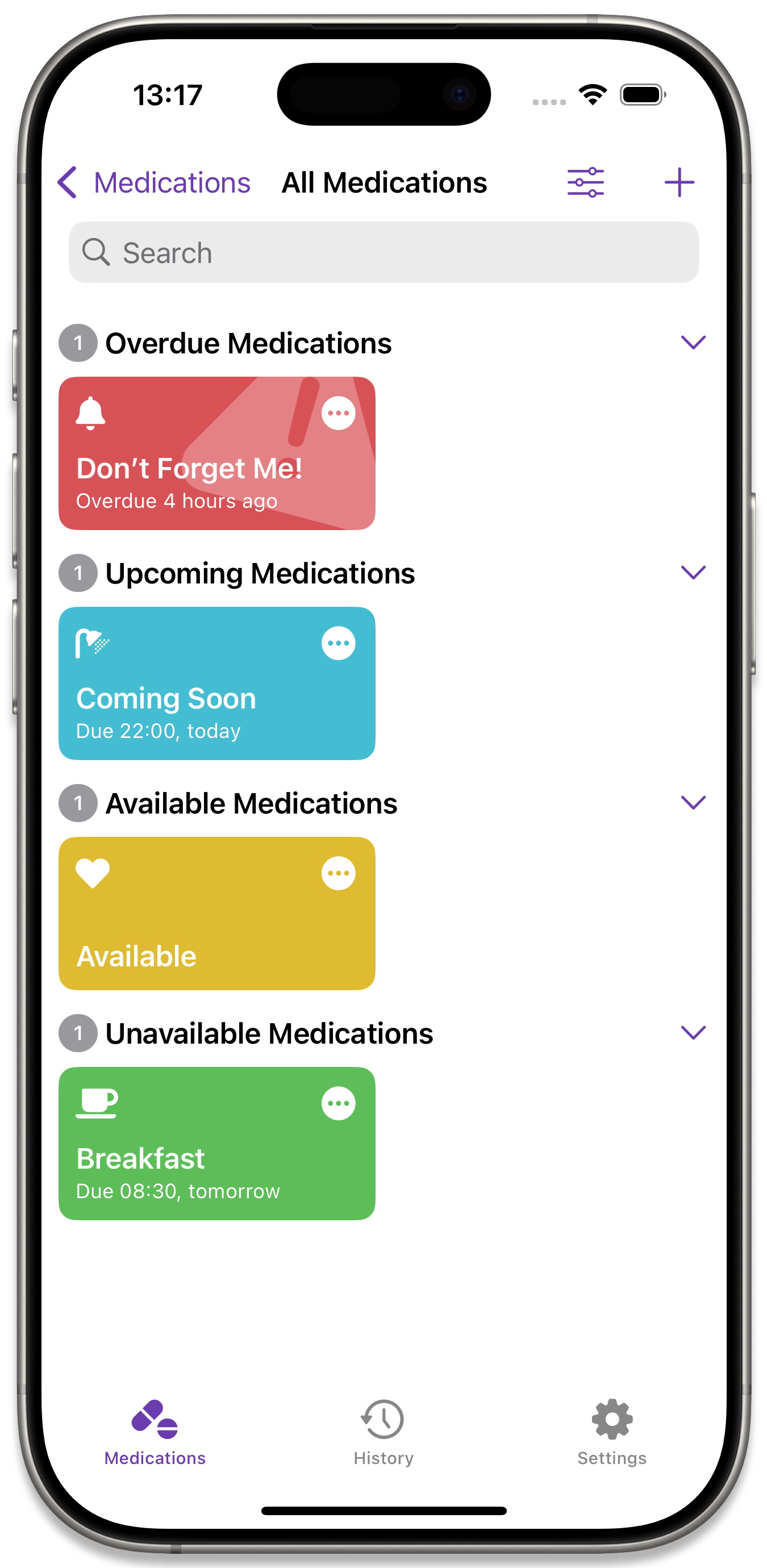 The All Medication View with a medication in each status category