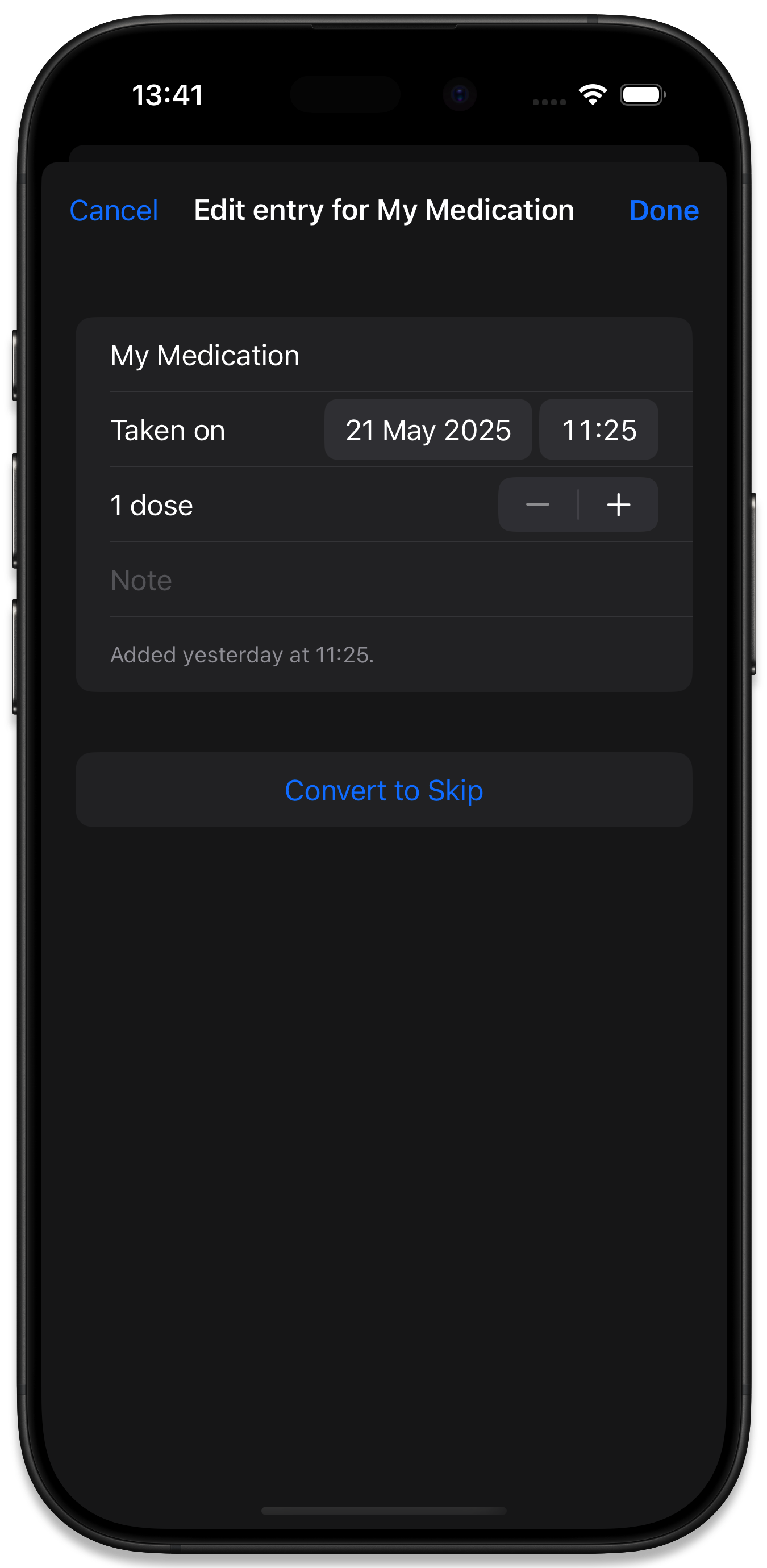Medication entries with symbols depicting having a note, being logged via shortcuts, and the entry being skipped