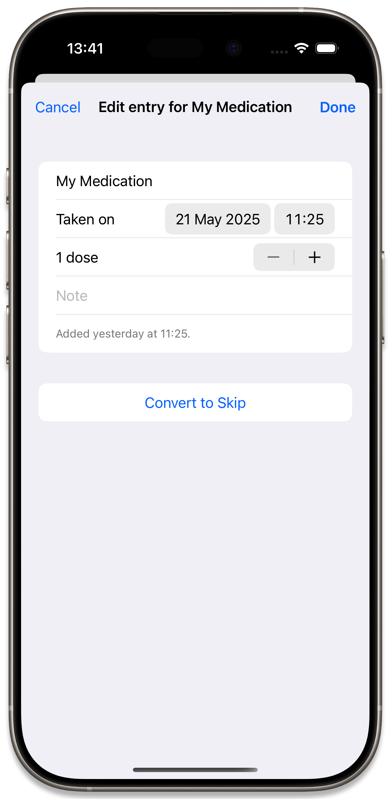 Medication entries with symbols depicting having a note, being logged via shortcuts, and the entry being skipped
