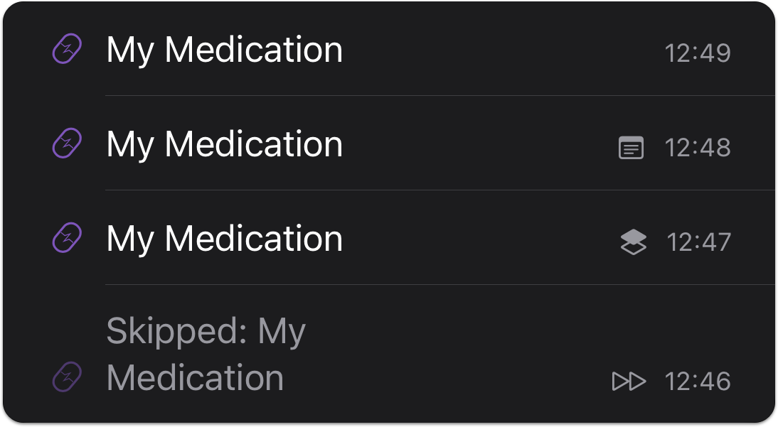 Medication entries with symbols depicting having a note, being logged via shortcuts, and the entry being skipped