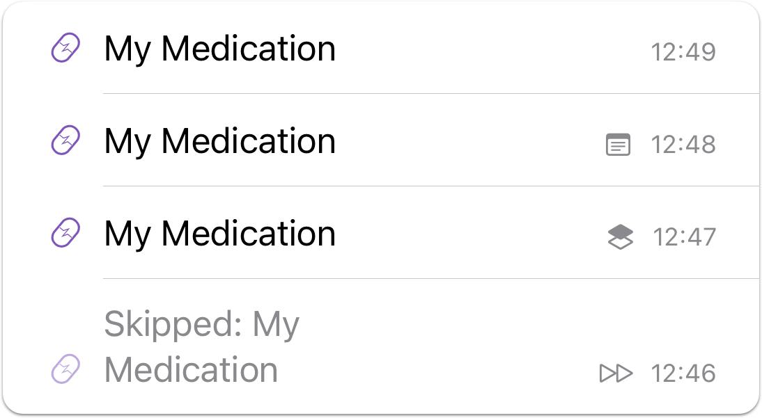 Medication entries with symbols depicting having a note, being logged via shortcuts, and the entry being skipped