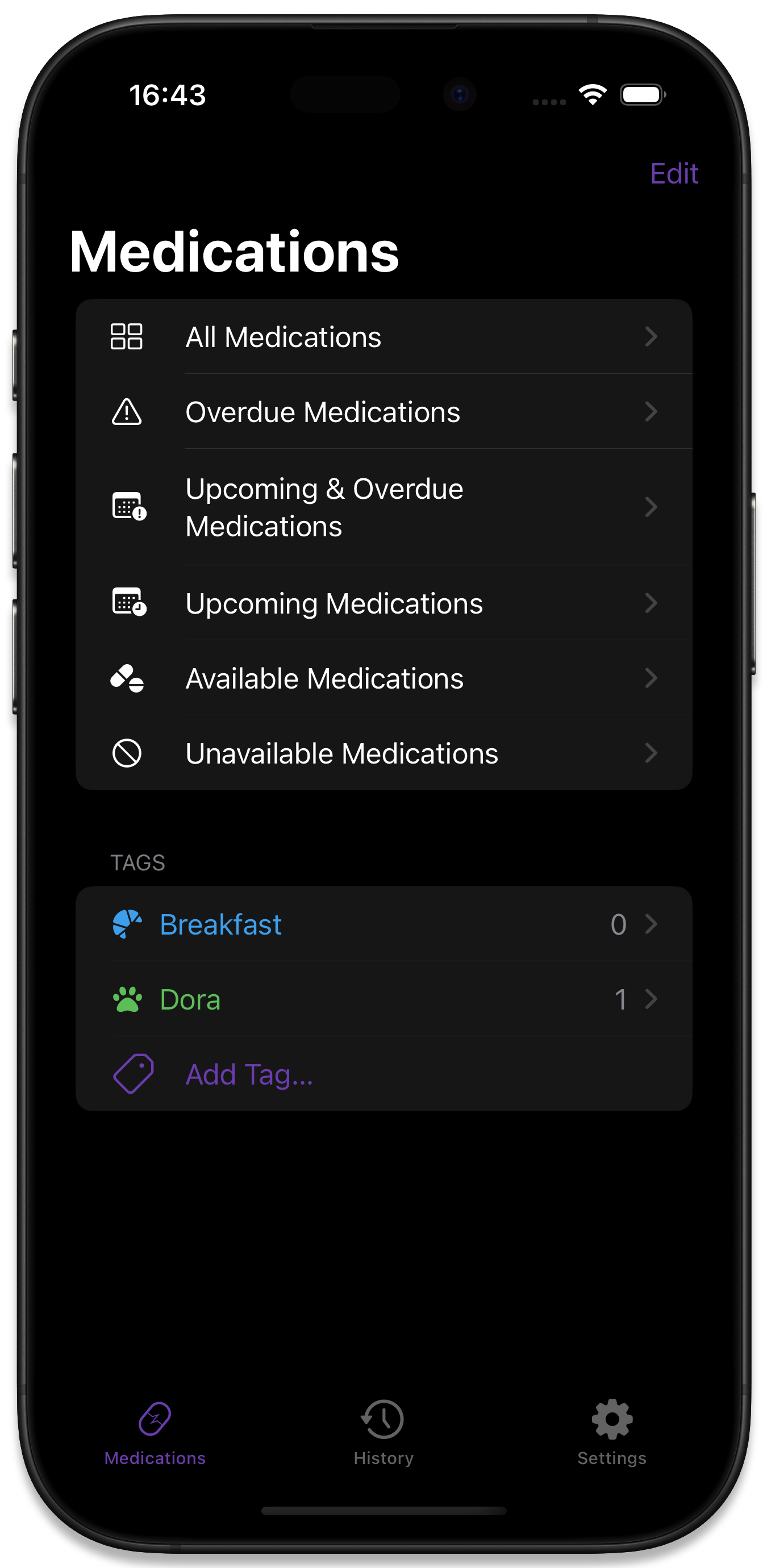 The medications filters list with tags added