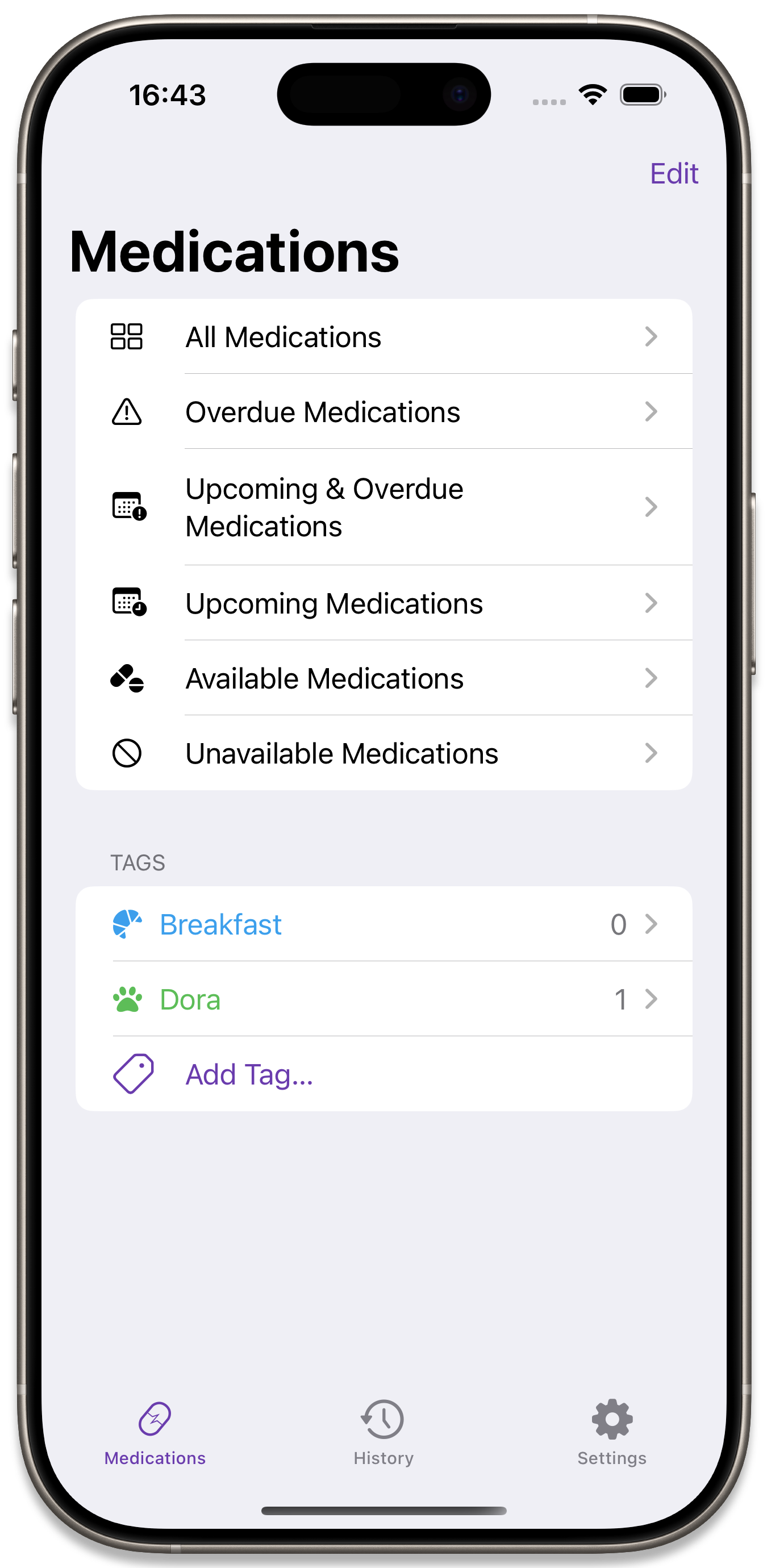 The medications filters list with tags added
