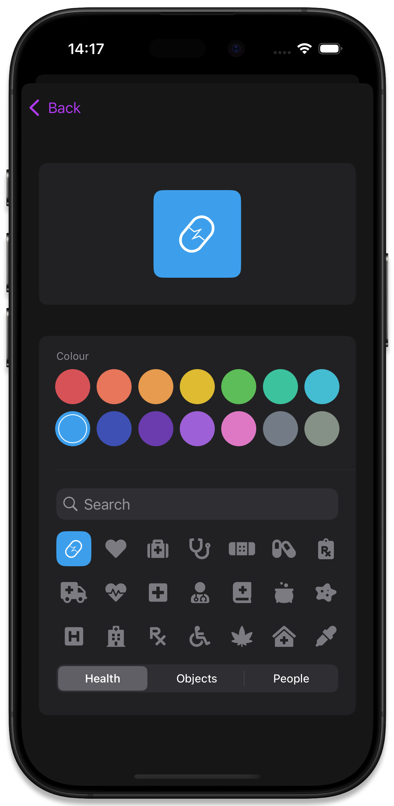 Selecting a custom icon and colour