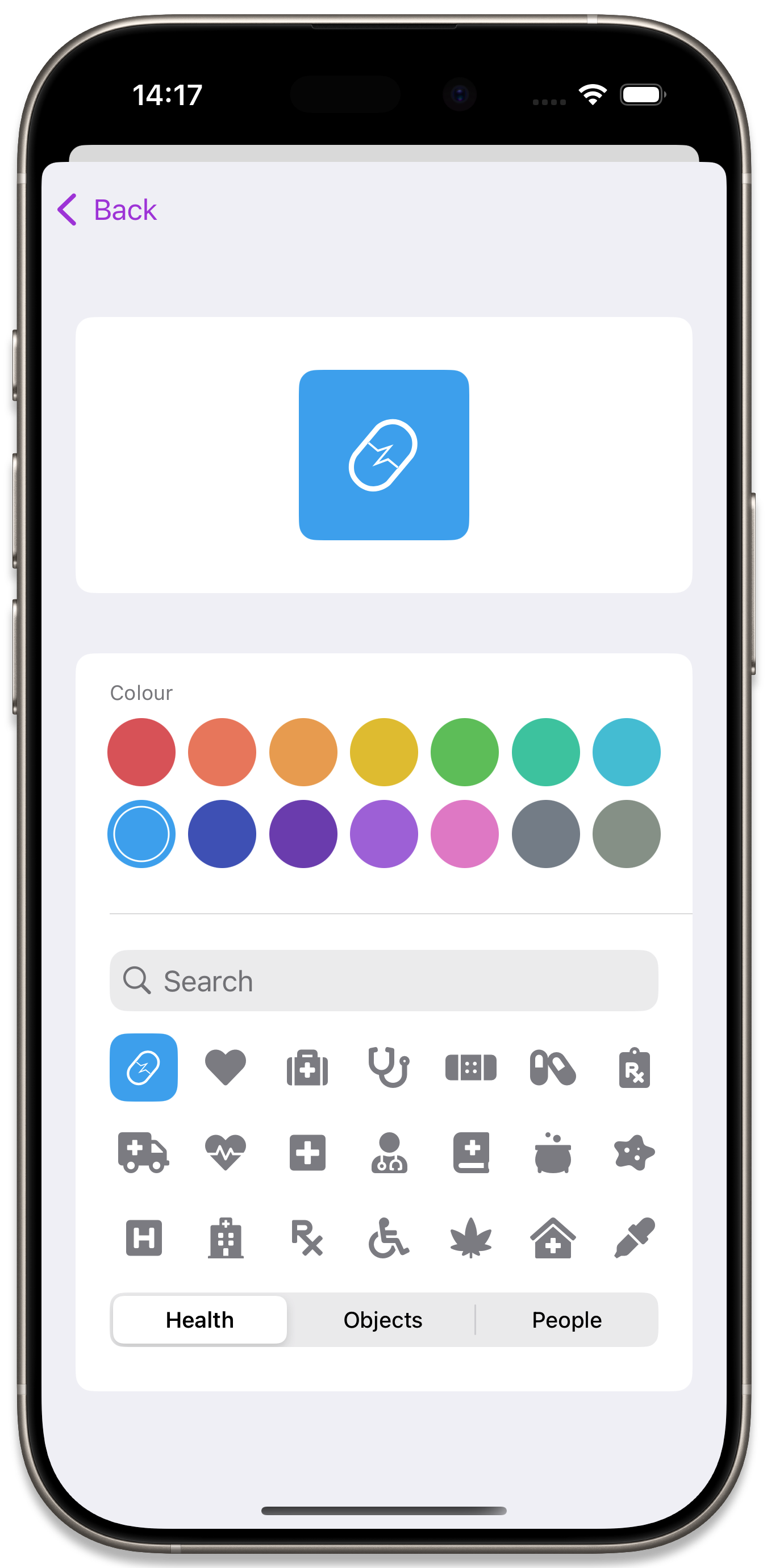 Selecting a custom icon and colour