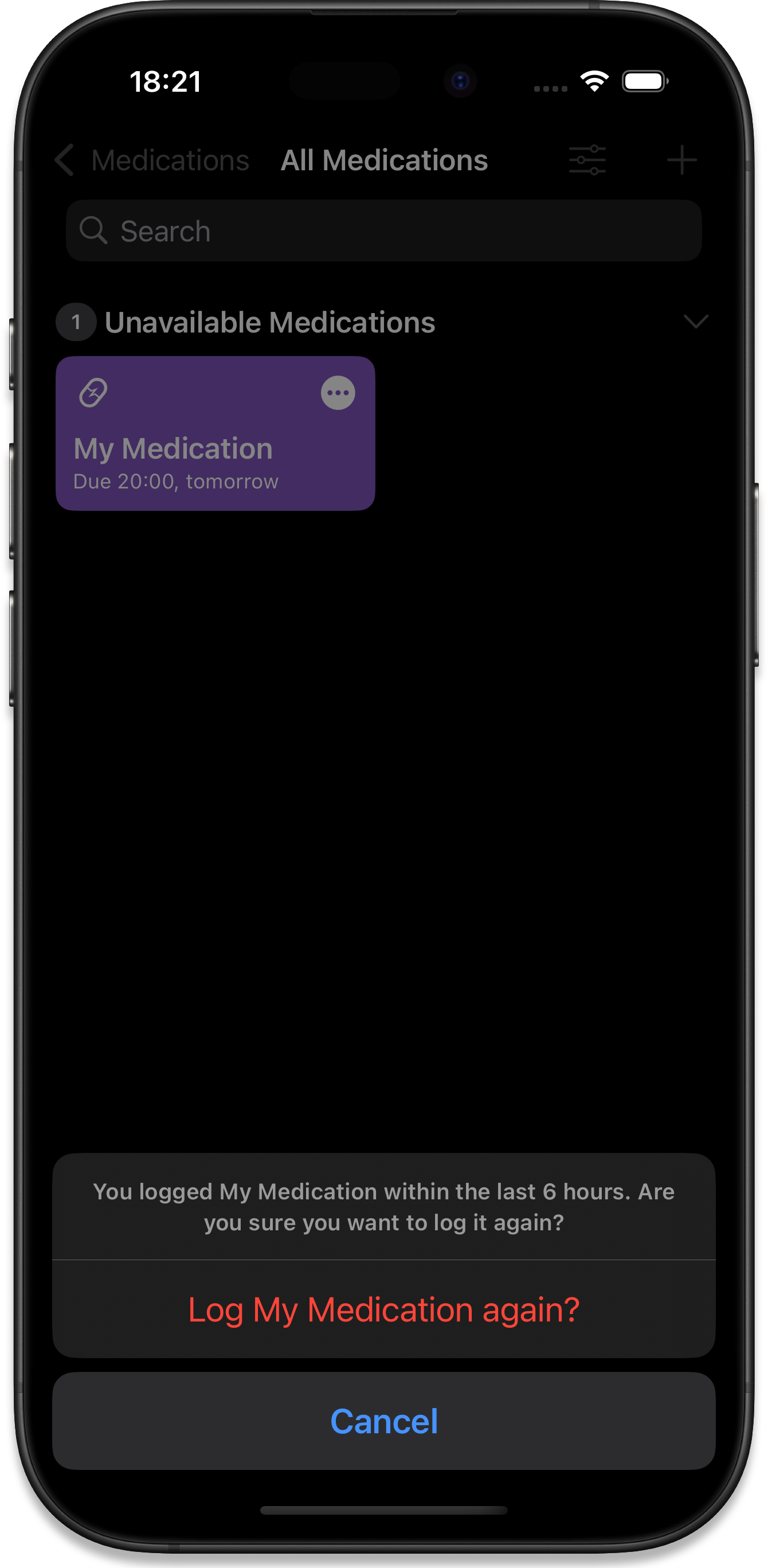 The warning when attempting to retake a medication within its minimum dose interval