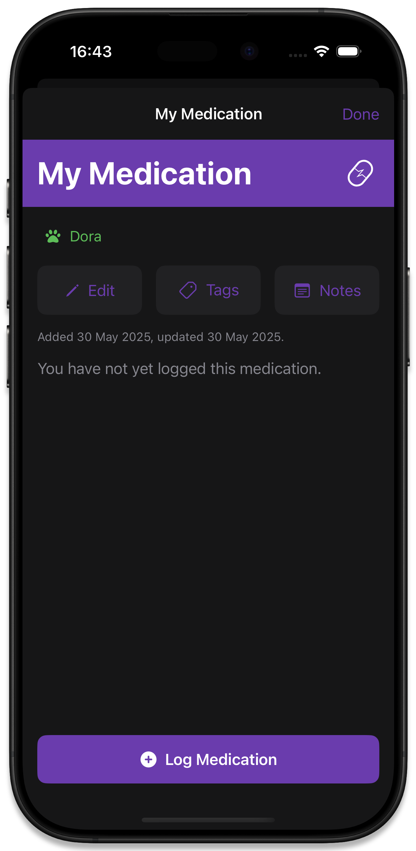 The medication detail view with a tag added