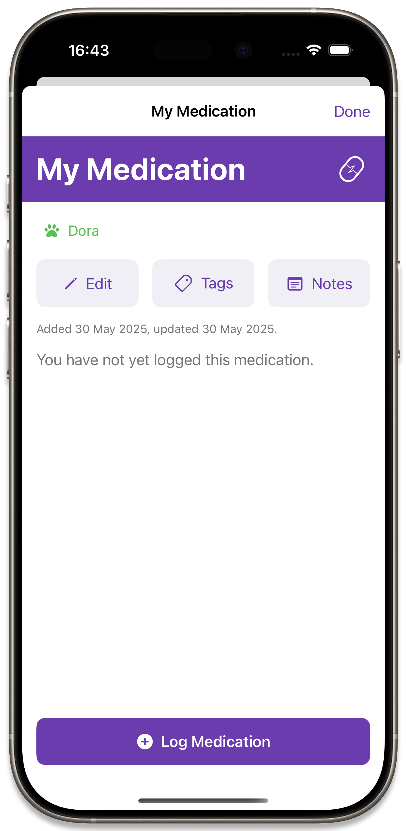 The medication detail view with a tag added