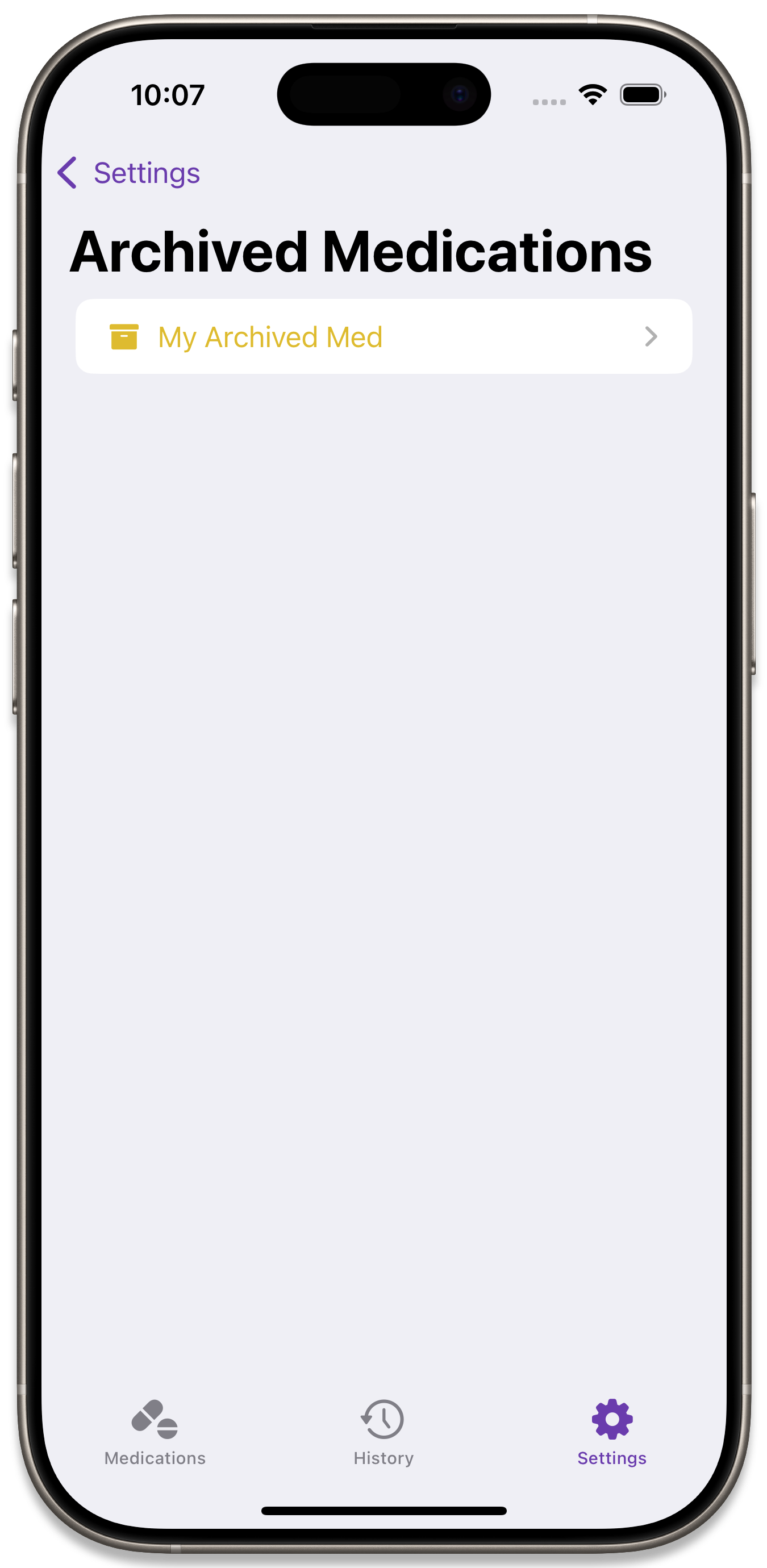 The Archived Medications Settings Page
