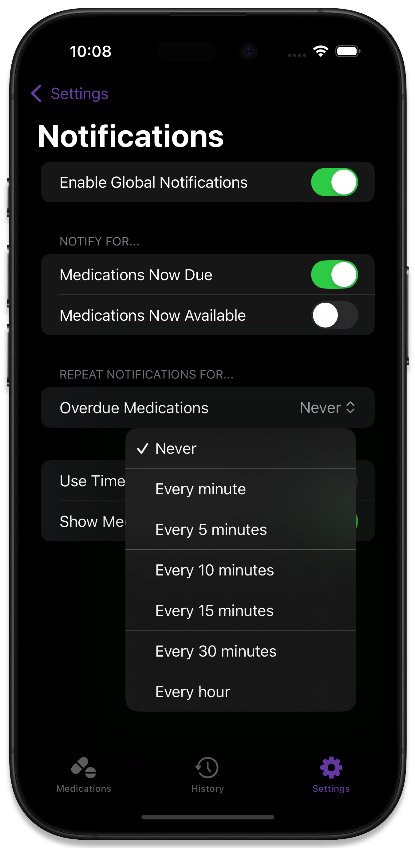 Repeat Notifications Interval Options