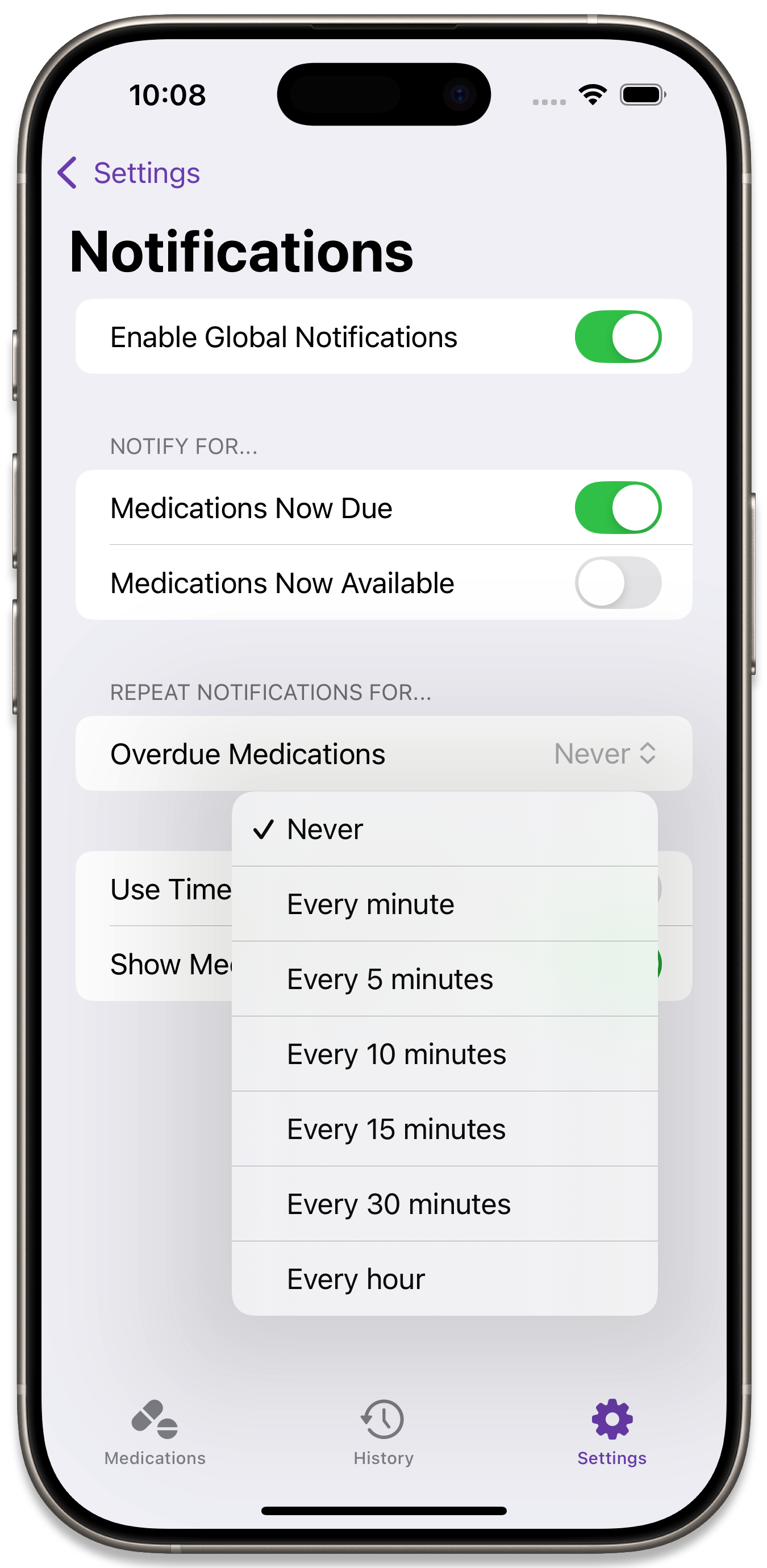 Repeat Notifications Interval Options