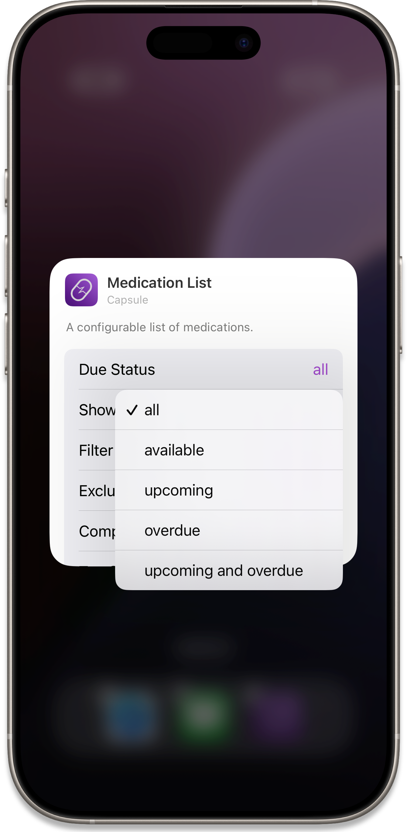 Widget List Configure Options Due