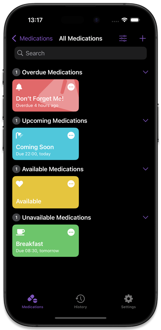 The All Medication View with a medication in each status category