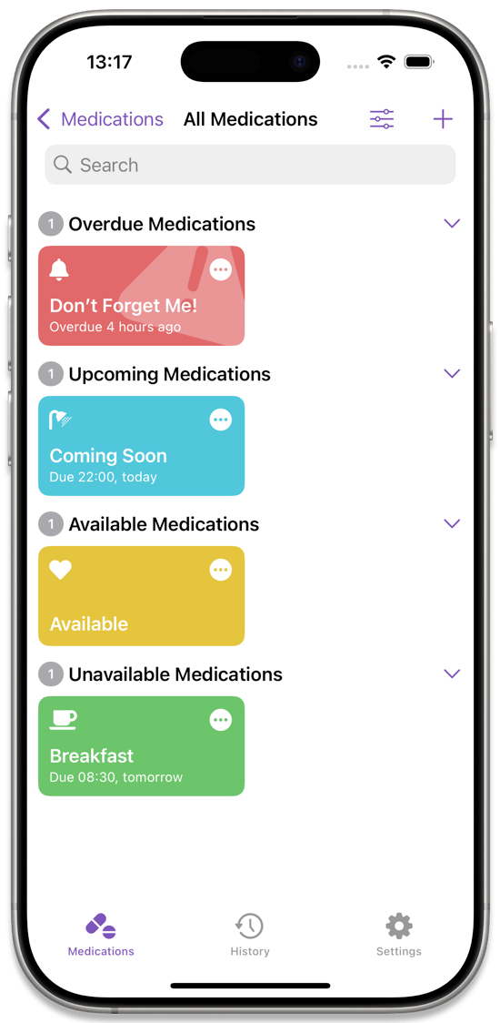 The All Medication View with a medication in each status category