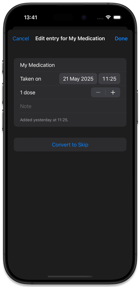 Medication entries with symbols depicting having a note, being logged via shortcuts, and the entry being skipped