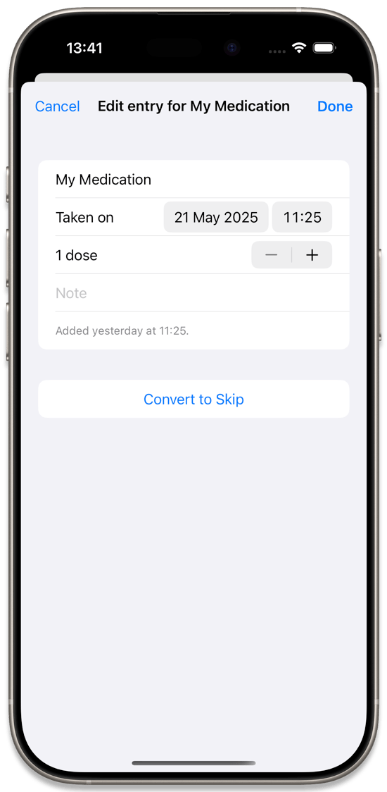 Medication entries with symbols depicting having a note, being logged via shortcuts, and the entry being skipped