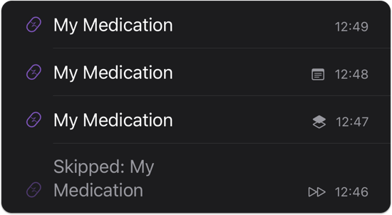 Medication entries with symbols depicting having a note, being logged via shortcuts, and the entry being skipped