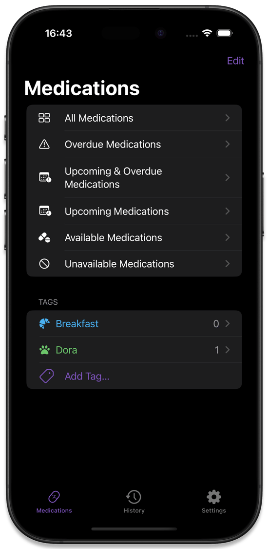 The medications filters list with tags added