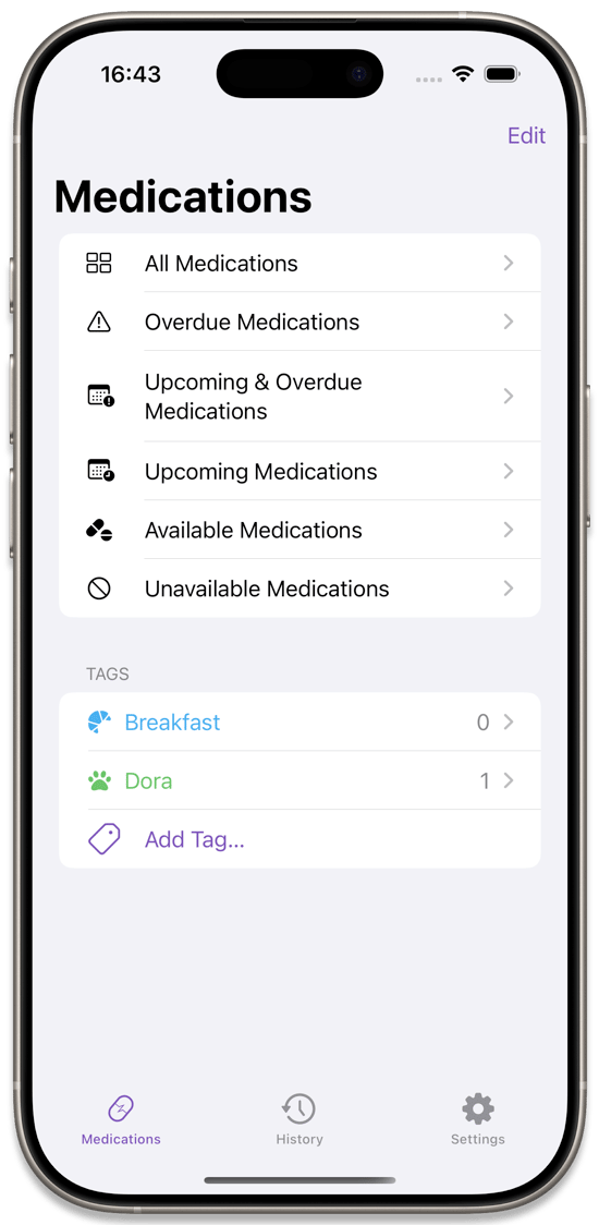 The medications filters list with tags added
