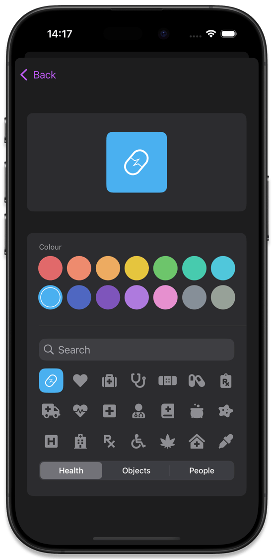 Selecting a custom icon and colour