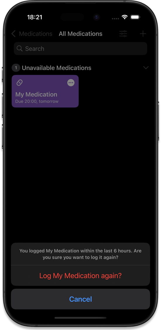 The warning when attempting to retake a medication within its minimum dose interval