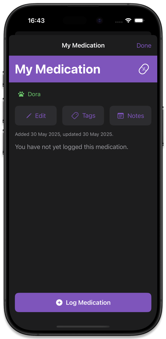 The medication detail view with a tag added