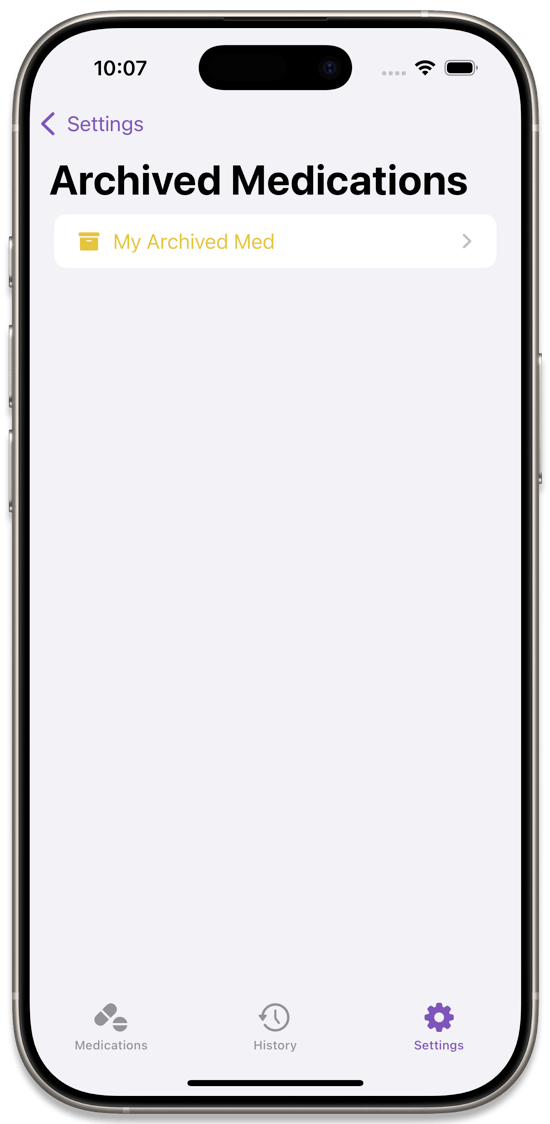 The Archived Medications Settings Page
