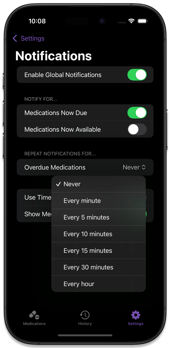 Repeat Notifications Interval Options