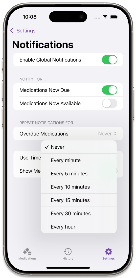 Repeat Notifications Interval Options